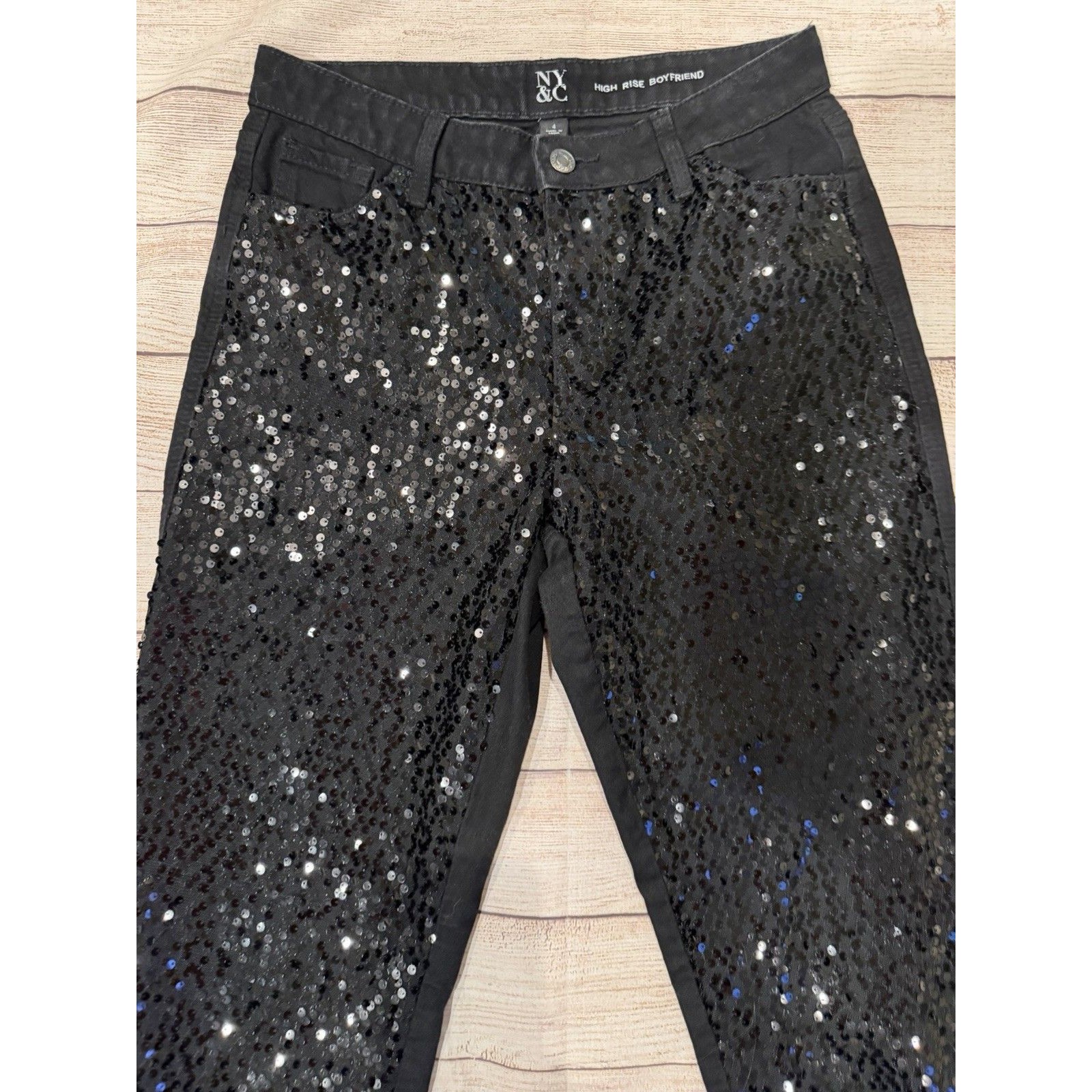 New York & Company Black Sequin High-Rise Boyfriend Jeans Size 4